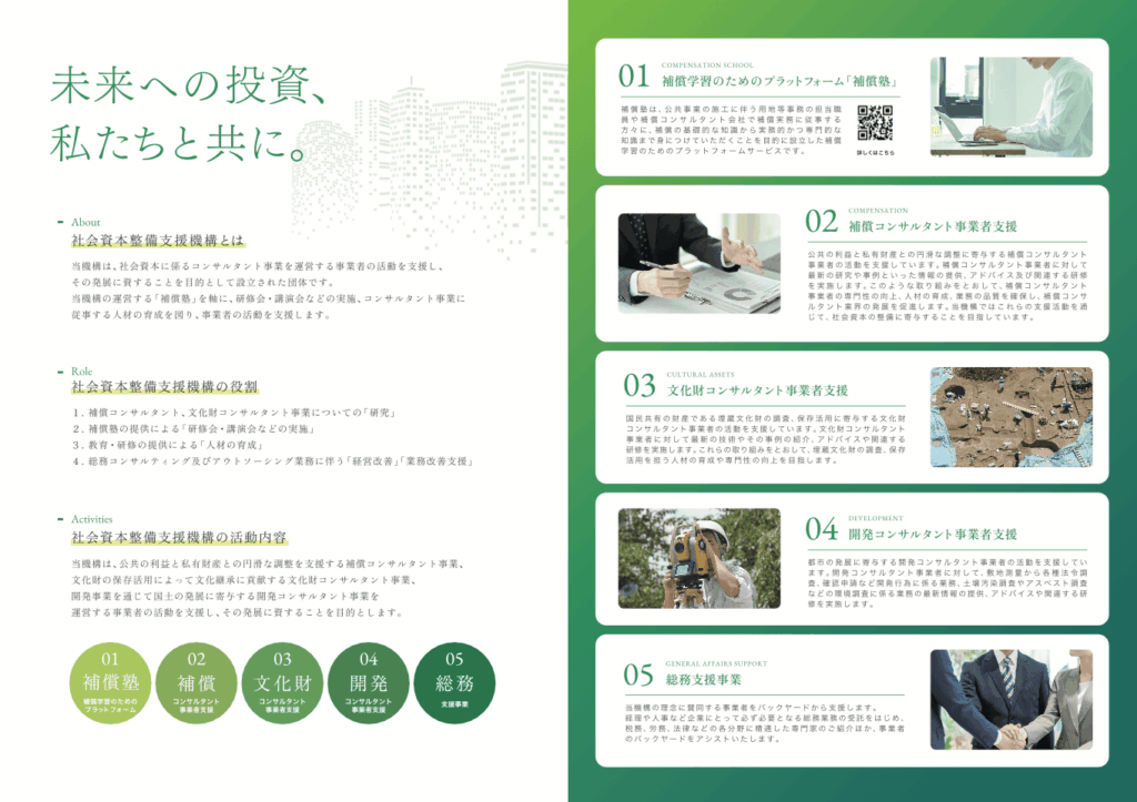 補償コンサルタント・文化財コンサルタント事業を行う一般社団法人案内パンフレット｜株式会社アイウェイヴ パンフレット制作・リーフレット/チラシ作成
